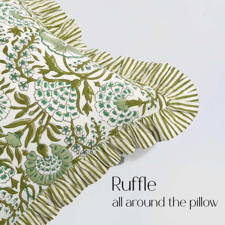 CPC Block Print Agate Green Ruffle Cotton Lumbar Pillow Cover 12x20 inch