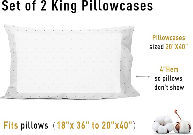 Sunflower King Pillowcases Set of 2, 100% Cotton King Size Pillow Cases 2, 20×40 inches Powder Dots, Soft and Breathable