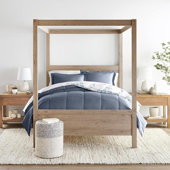 LINENS & HUTCH Comforter Set Patterned Microfiber All Season Down-Alternative Ultra Soft Bedding in Bamboo Leaves Blue - King/Cal-King Bamboo Leaves Blue Stone
