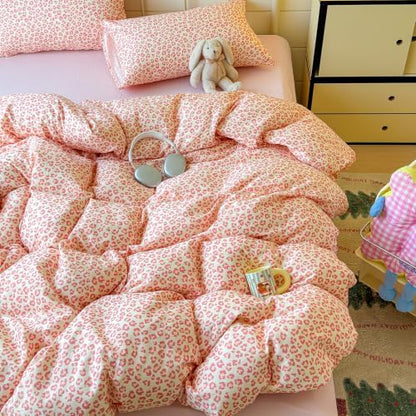 mixinni Pink Leopard Print Duvet Cover Set Queen Size, 3PCs Cute Aesthetic Cheetah Animal Bedding Set, 100% Cotton Double Gauze Soft Retro Cream Leopard Duvet Cover with 2 Pillowcases for Girls Women