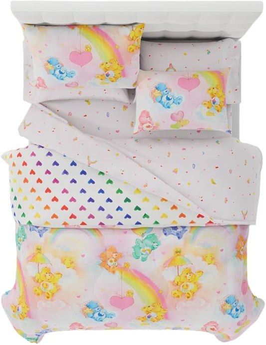 Care Bears Classic Retro Rainbow Bedding 7 Piece Super Soft Comforter and Sheet Set with Sham, Queen, (100% Official Licensed Product) by Franco Collectibles