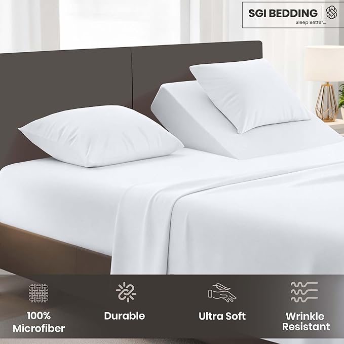 SGI bedding 36" Queen Split Top Flex Head Sheet Set 1800 Threads Flex Top Sheet for Adjustable Bed 4 Piece 15" Deep Pocket for Sleep Number Bed - White