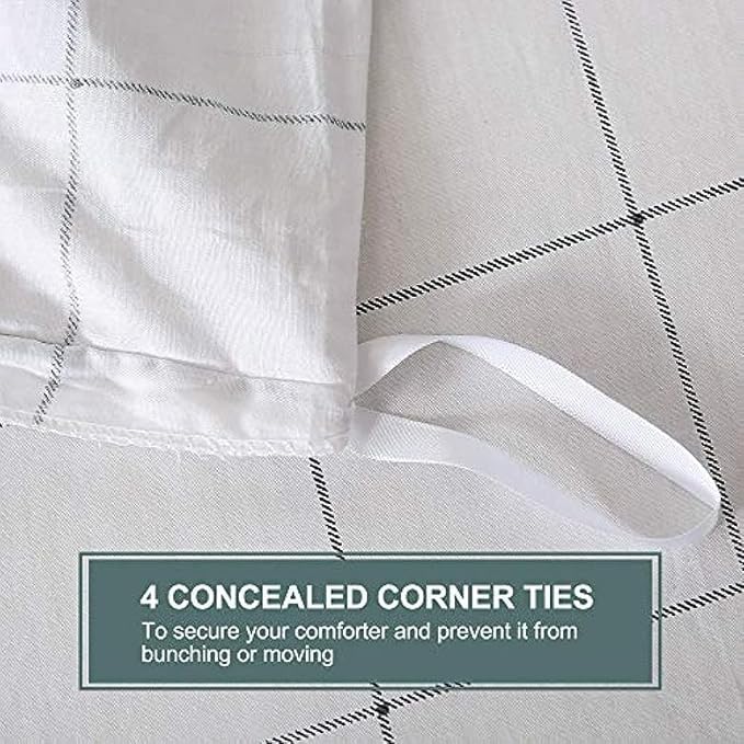 JELLYMONI 100% Natural Cotton 2pcs Plaid Duvet Cover Sets,White with Black Grid Geometric Pattern Printed Comforter Cover,with Zipper Closure & Corner Ties(Twin 66×92)