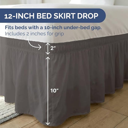 Wrap Around Dust Ruffle Bed Skirt - Dark Grey - Twin/Twin XL Size Beds with 12 Inch Drop - Elastic Strap - Adjustable Pleated Bedskirt with Brushed Fabric and Wrinkle Free - Women, Men, Kids & Teens