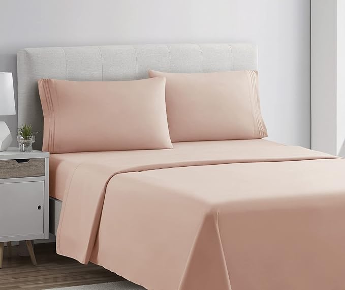 Clara Clark Bed Sheets, Premier 1800 Series 4 Piece Bed Sheet Set, Deep Pocket, Wrinkle, Fade, Stain Resistant, Luxury Soft Bedding Sheets & Pillowcases, Twin, Peach