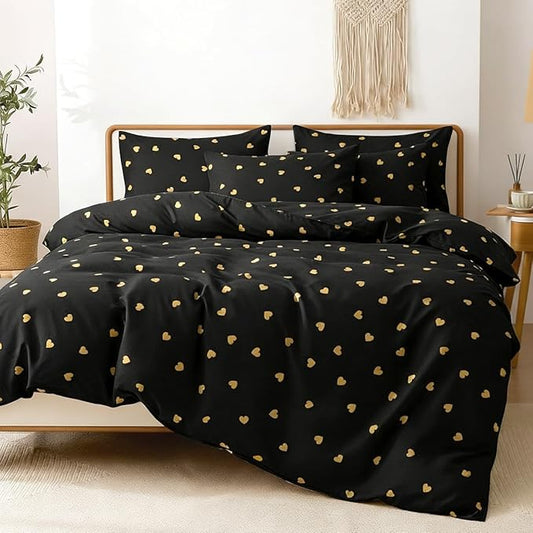 Heart Comforter Set Queen 3 Pieces Black Gold Love Heart Bedding Set for Girls Boys Modern Aesthetic Comforter with 2 Pillowcases, Lightweight Soft 100% Microfiber