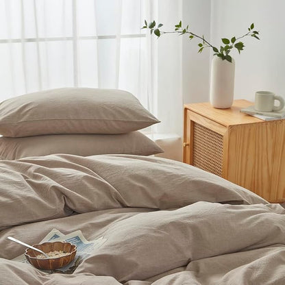 FACE TWO FACE Bedding Duvet Cover Set 3 Pieces 100% Washed Cotton Duvet Cover Linen Like Textured Breathable Durable Soft Comfy (California King, Khaki)