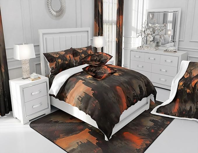 3D Dragon Comforter Set Full Size,Vintage Old Castle Bedding Set for Kids Boys Girls Room Decor,Grey Red Retro Microfiber Soft Quilt Set,Fire Dragon Wildlife Theme Duvet Insert 3Pcs,2 Pillowcases
