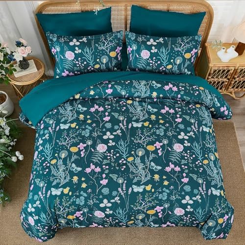 Full Size Comforter Set, Teal Blue Floral Bedding Comforter Set 7 Piece