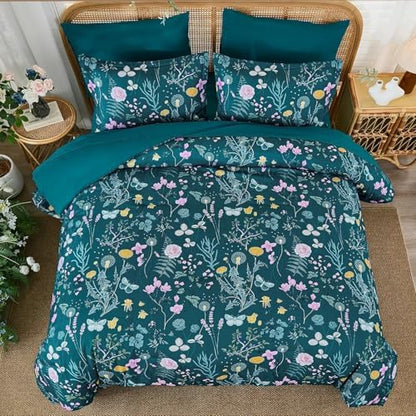 Full Size Comforter Set, Teal Blue Floral Bedding Comforter Set 7 Piece