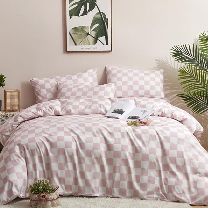 CLOTHKNOW Pink White Plaid Comforter Set Full Size Grid Bedding Comforter Sets Soft Geometric Checker Comforter with 2 x Pillow Cases