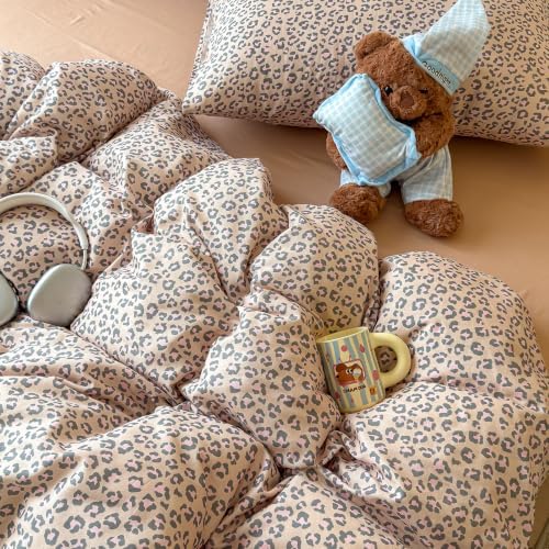 mixinni Light Brown Leopard Print Duvet Cover Set Twin XL Size, 3PCs Cute Animal Cheetah Bedding, 100% Cotton Double Gauze Soft Aesthetic Pink Black Bedding Set with 2 Pillowcases for Girls Women