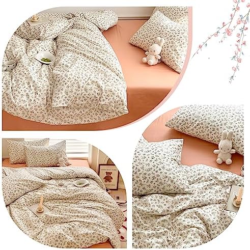mixinni Boho Floral Girls Duvet Cover Set Twin Size Soft Cotton Comforter Cover Set Farmhouse Shabby Chic Flower Duver Cover for Women, 1 Cute Floral Duver Cover and 2 Pillowcases for All Seasons