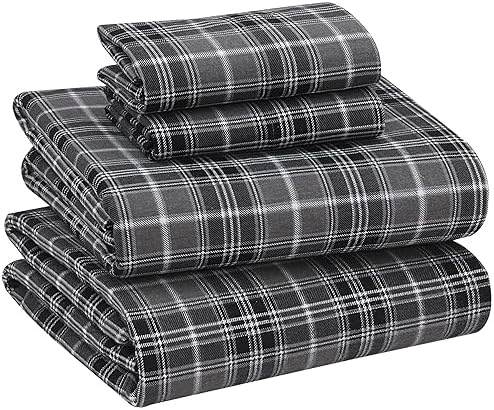 RUVANTI 100% Cotton Flannel Sheets King Size, Grey Plaid