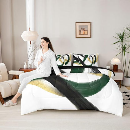Erosebridal Abstract Black Gold 7 Piece Comforter Set Queen Geometric Green Minimalist Lines Bedding Set Modern Ink Painting Stripes Quilt Simple Aesthetic Fashion Neutral Sheet Set for Men