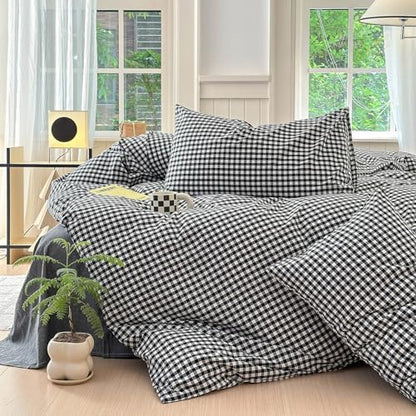 LifeTB Queen Comforter Set Black Gingham Comforter Modern Style Checkered Pattern Comforter Set Boho Grid Plaid Bedding Comforter Fluffy Soft Lightweight Grid Bedding Set Queen Size for All Season