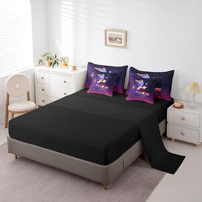 Lovely Dragon Comforter Set 7 Pieces Twin Size,Purple Black Ombre Galaxy Bedding Set for Kids,Cartoon Western Dragon Animal (Comforter+Fitted+Flat Sheet+2 Pillowcases+2 Throw Pillow Covers)