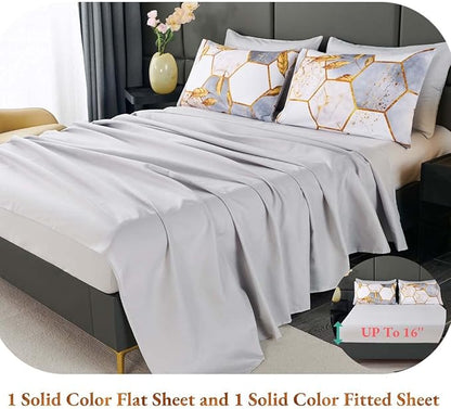 ANGIYUIN 7 Pieces White and Gold Comforter Set King, Geometric Bed Comforter Set Foil Print Bed Set with Sheets, Ultra Soft Lightweight Bed in A Bag for All Season (White King)