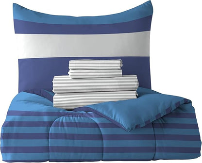 Dream Factory Kids 5-Piece Complete Bed Set Easy-Wash Super Soft Microfiber Comforter Bedding, Twin, Blue Rugby Stripe, (2D872701BL)