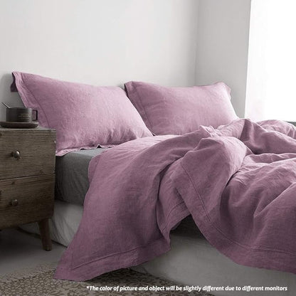 Simple&Opulence 100% Linen Duvet Cover Set with Embroidery Border Washed - 3 Pieces (1 Duvet Cover with 2 Pillow Shams) with Button Closure Soft Breathable Farmhouse - Purple, Queen Size