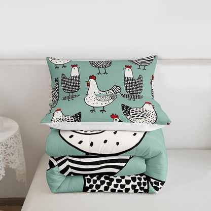 Erosebridal Chicken Comforter Set, Cartoon Chick Bedding Set King Size, Cute Farmhouse Animal Down Comforter for Children Young, Teal Black Bedding Sets & Collections Warm Soft Bedroom Decor