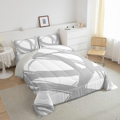 Erosebridal Gray and White Abstarct Queen Comforter Set for Adult Women Men, Geometric Striped Bedding Set for Minimalists,Graffiti Aesthetic Lines Quilt,Contemporary Boho Modern Art Duvet Insert