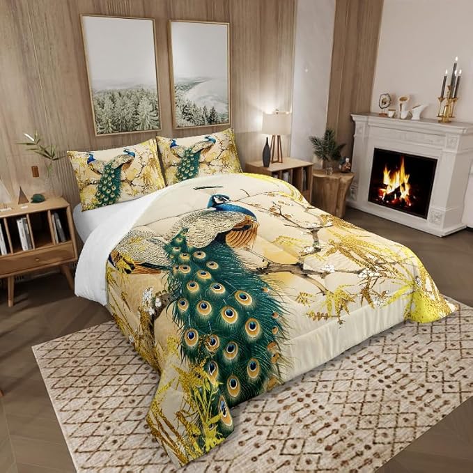 Castle Fairy Vintage Peacock Bedding Set King Size Japanese Style Comforter Set for Kids Teens Room Decor Wild Birds Animal Duvet Insert Golden Leaves Down Comforter Set with 2 Pillowcases