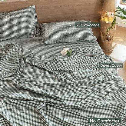 MooMee Gingham Duvet Cover Set 100% Washed Cotton Linen Like