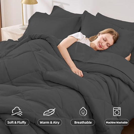 FUANNA 7 Pieces Queen Comforter Set, All Season Bed in a Bag Queen Size, Luxury Soft Bedding Sets with Comforter, Flat Sheet, Fitted Sheet, Pillowcases & Pillow Shams, Dark Grey
