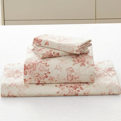DAUAOTO Cotton Sheets Set California King Printed Bedding Sets, Toile Red Floral Pattern Bedlinen for Cal King Mattress Up to 14" Deep, Pale Red