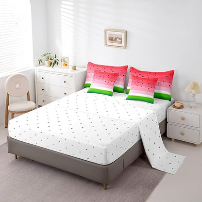 Watermelon 7 Pcs Bedding Sets Watercolor Red Green Fruit Summer Theme Comforter Set for Kids Teens Adults Bed in a Bag(Comforter Flat Sheet Fitted Sheet 2 Pillowcases 2 Throw Pillow Covers) King