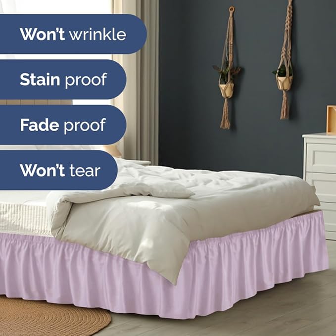 Wrap Around Dust Ruffle Bed Skirt - Light Lavender - for King Size Beds w/ 15 Inch Drop - Easy Fit Elastic Strap - Adjustable Pleated Bedskirt w/Brushed Fabric Wrinkle Free, Women, Men, Kids & Teens