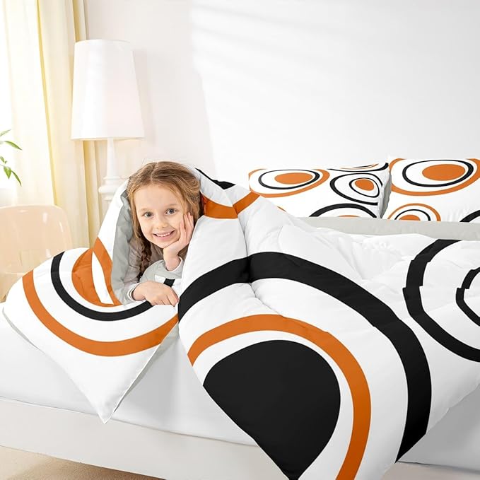 Erosebridal Orange Abstract Bedding Set Full Size Modern Geometric Circles Comforter Set for Adult Women Men Boho Art Aesthetic Striped Bed Sets Minimalist Black White Abstract Duvet Quilt Sets