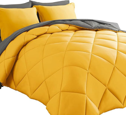 Cosybay Bed in a Bag Full Reversible Comforter Sets 7pcs All Season Down Alternative Bedding Sets Yellow and Grey with Comforter, Pillow Shams, Flat Sheet, Fitted Sheet and Pillowcase