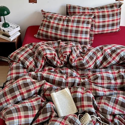mixinni Vintage Red & Brown Buffalo Plaid Duvet Cover Set Full Size - 3 Piece Washed Cotton Bedding Set with Classic Checkered Pattern, Cozy Farmhouse Duvet Cover with Pillowcases for All Seasons