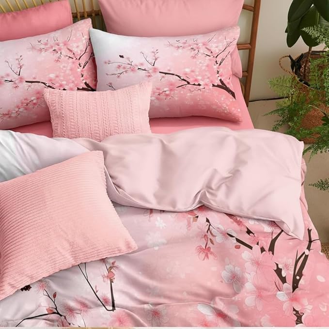 Japanese Bedding Set King Size,Pink Flower Comforter Set 3Pcs Cherry Blossom Quilted Bed Set with 2 Pillowcases for Girls Women, All Season(104"x90")