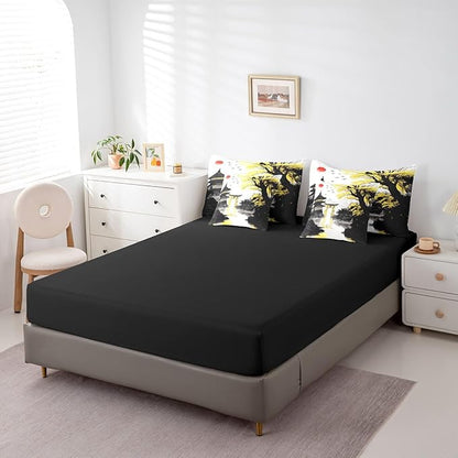 Erosebridal Japanese Twin Bed in A Bag with Sheets Sun Cherry Blossom Comforter Set 7 Piece Black Gold Pavilions Mountain Floral Bedding Set for Kids Adults Chinese Ink Anime Sheet Set