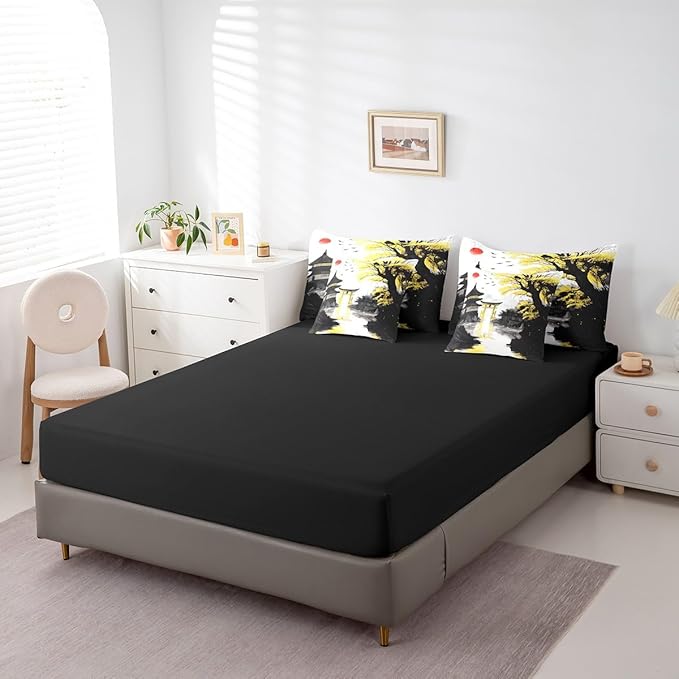 Erosebridal Japanese Queen Bed in A Bag with Sheets Sun Cherry Blossom Comforter Set 7 Piece Black Gold Pavilions Mountain Floral Bedding Set for Kids Adults Chinese Ink Anime Sheet Set