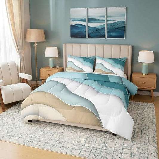 Abstract Ombre Comforter Set Ocean Waves Bedding Set Decor Blue Sea and Beach Quilt Set Tropical Summer Contemporary Duvet Insert Teens Kids Adults Room Decor 3pcs Full Size