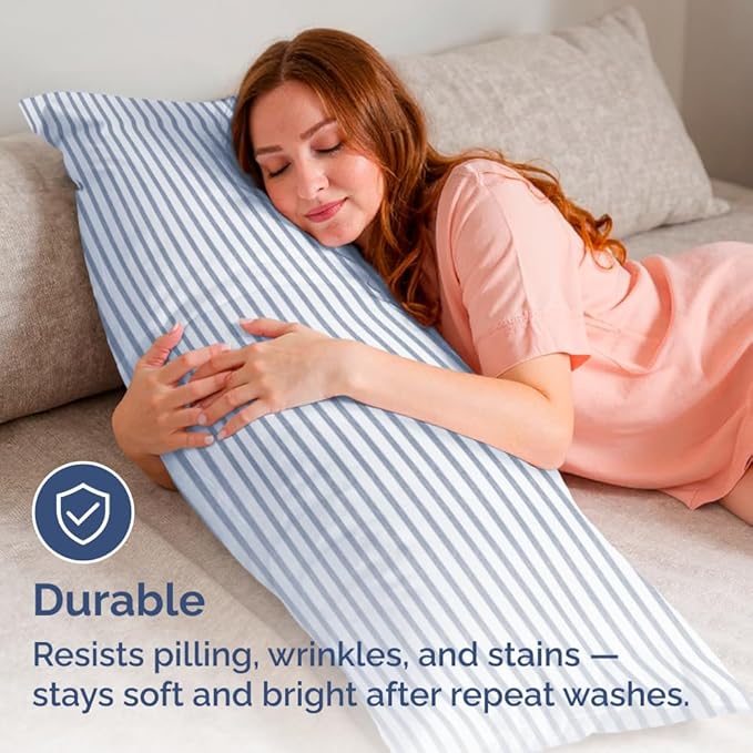 Body Pillowcases Set of 4-20x54 Long Body Pillow Case - Soft Body Pillow Cover for Sleeping & Side Sleepers - Comfy Breathable & Fade Free - Machine Washable w/Envelope Enclosure - (Blue Stripes)