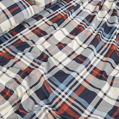Chezmoi Collection 3-Piece Lodge Plaid Sheet Set Twin Size - Blue Orange White Herringbone Plaid Stripe Printed Brushed Microfiber Lightweight Breathable Deep Pocket Bed Sheets