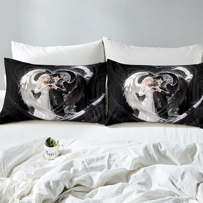 Erosebridal Angel Wings Sheets for Boys Girls Black and White Angel Fitted Sheet,Romance Love Kids Bedding Sets Princess Fairy Style Bed Sets Full 3 Piece
