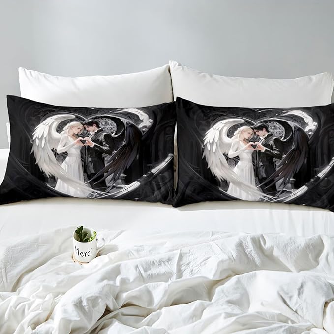 Erosebridal Angel Wings Sheets for Boys Girls Black and White Angel Fitted Sheet,Romance Love Kids Bedding Sets Princess Fairy Style Bed Sets Queen 3 Piece