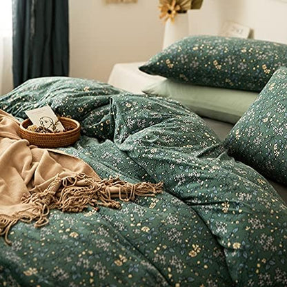 LifeTB Green Floral 100% Jersey Knit Cotton Duvet Cover Queen Vintage Style Botanical Floral Bedding Set Chic Shabby Green Floral Comforter Cover Girl Women Flower Bedding Cover with 2 Pillowcases