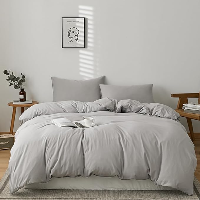 CLOTHKNOW Light Grey Full Size Comforter Set Gray Bedding Comforter Sets Men Women Bedding Sets Soft Comforter with 2 x Pillow Cases