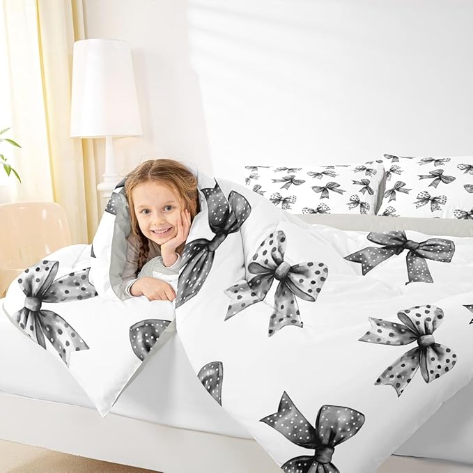 Erosebridal Bow Kids Comforter Set | Ribbon Black Bow Bedding Full Size Coquette Bowknot with Dots Down Comforter Dreamy Princess Bowtie Duvet Set for Bedroom