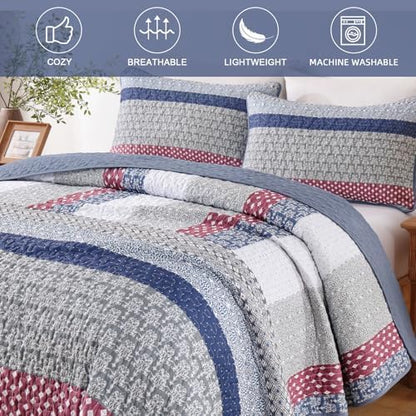 WONGS BEDDING Boho Quilt King Size, Patchwork Bedding Set, Blue Red