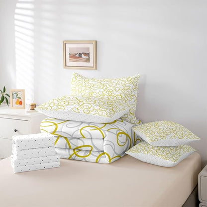 Erosebridal Geometric 7 Piece Comforter Set Full Bed in A Bag Yellow White Abstract Lines Bedding Set for Boys Girls Bedroom Modern Abstract Texture Quilt Contemporary Swirls Aesthetic Sheet Set