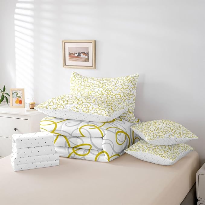 Erosebridal Geometric 7 Piece Comforter Set Queen Bed in A Bag Yellow White Abstract Lines Bedding Set for Boys Girls Bedroom Modern Abstract Texture Quilt Contemporary Swirls Aesthetic Sheet Set