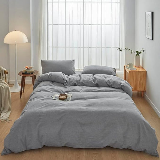 FACE TWO FACE Bedding Duvet Cover Set100% Washed Cotton Duvet Cover Linen Like Textured Breathable Durable Soft Comfy (California King, Light Grey)